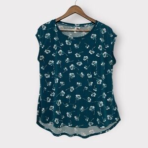 Elle Women’s Teal Green Floral‎ Cap Sleeve Blouse Size MEDIUM
